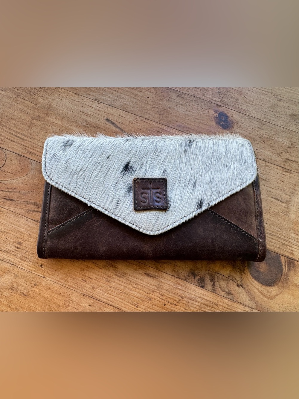 Sts ranchwear Haircalf & Brown Leather Envelope Clutch wallet 8”x4” cow hide